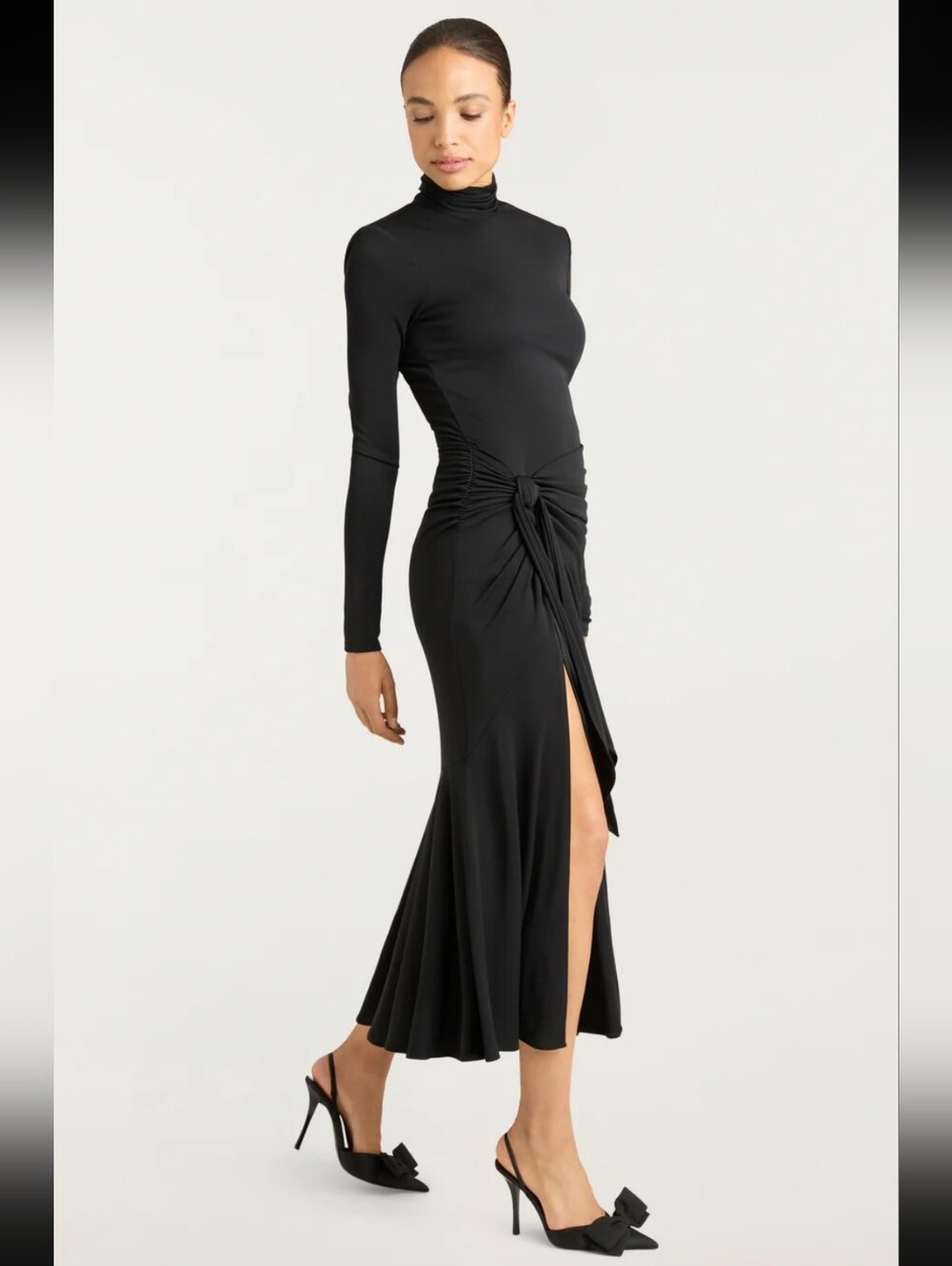 Cinq a Sept Johnson Midi Dress Black Jersey Long Sleeve Ruched Party Size 14